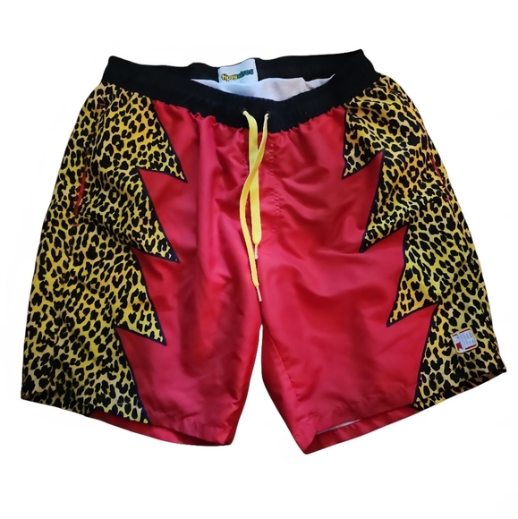 Tipsy Elves X Slim Jim's Mens Swim Trunks Red With Leopard Print On Sides Sz Lrg - Picture 2 of 6